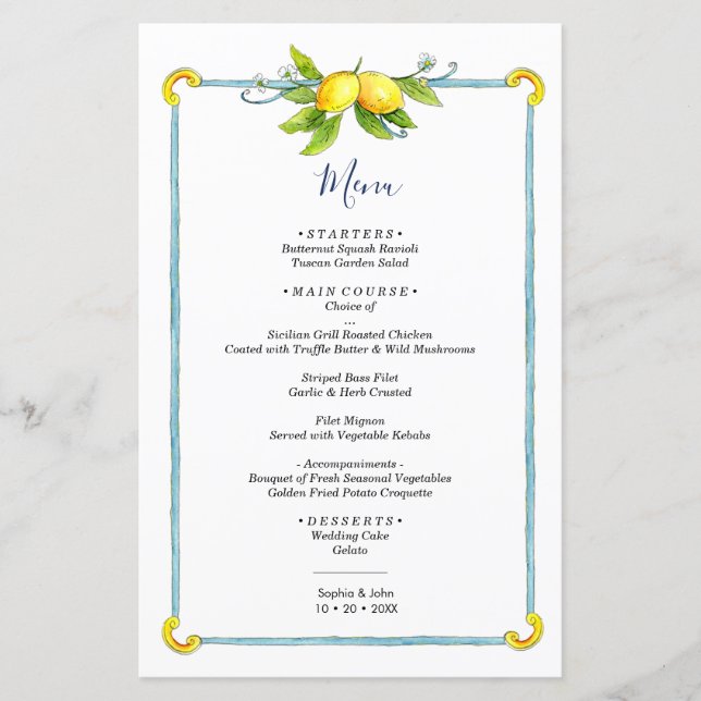 Vintage aquosa Menu de casamento dos citrinos limõ (Frente)