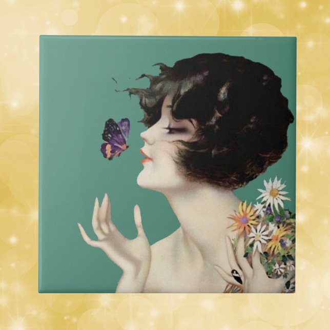 Vintage Art Deco Lady Butterfly Bonito Flores (1920's lady holding bouquet of daisies with purple butterfly on mint green decorative ceramic tile.)
