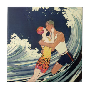Vintage Art Deco lança beijo nas ondas na praia