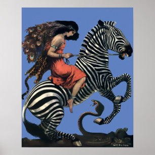 Vintage Art Deco Mulher A Andar Numa Poster Zebra
