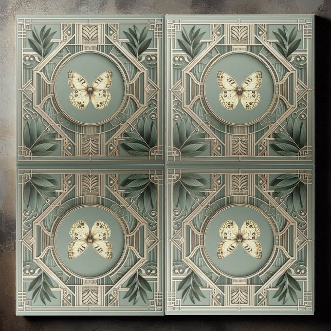 Vintage Art Deco Sage Green Botanical Butterfly  (Vintage Art Deco Sage Green Ceramic Tile)