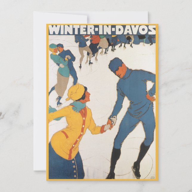 Vintage Art Deco Viagem Winter in Davos Convite (Frente)