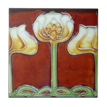 Vintage Art Nouveau Lotus Flores no Frieze Vermelh