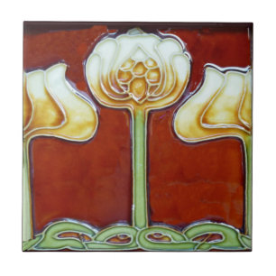 Vintage Art Nouveau Lotus Flores no Frieze Vermelh