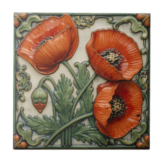 Vintage Art Nouveau Red Poppies  Floral 