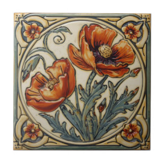 Vintage Art Nouveau Red Poppies  Floral 