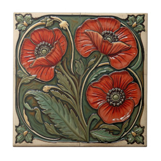 Vintage Art Nouveau Red Poppies  Floral 