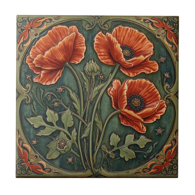 Vintage Art Nouveau Red Poppies  Floral  (Frente)