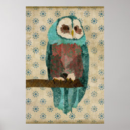 Vintage Azure & Blush Owl Art Poster