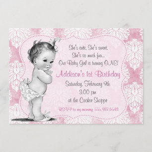 Vintage Baby Girl Chic Damask Convite De Aniversár