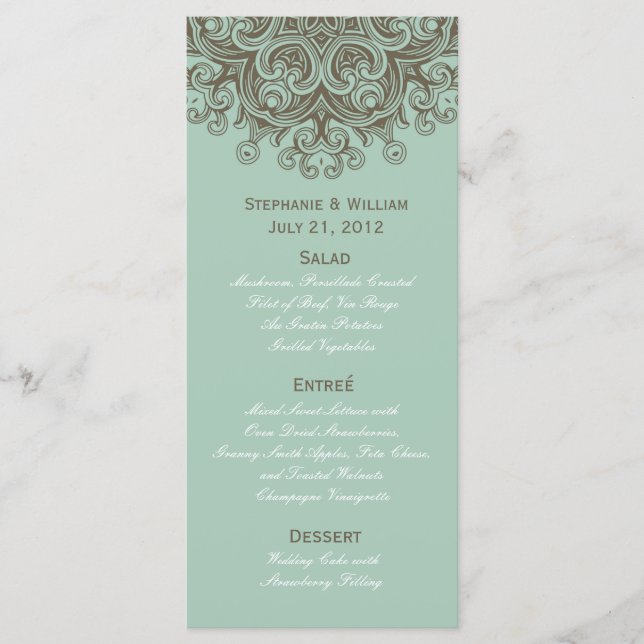 Vintage Basil Blue Weding Menu Rack Card (Frente)