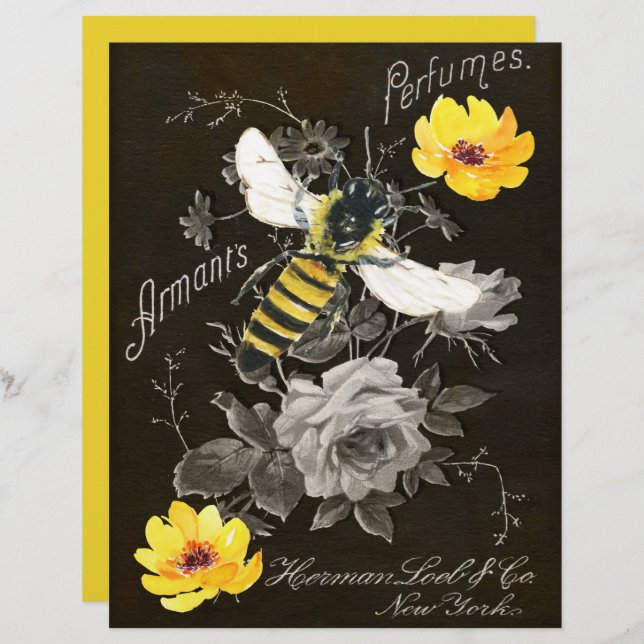 Vintage Bee Ephemera Yellow Roses Scrapbook Paper (Frente/Verso)