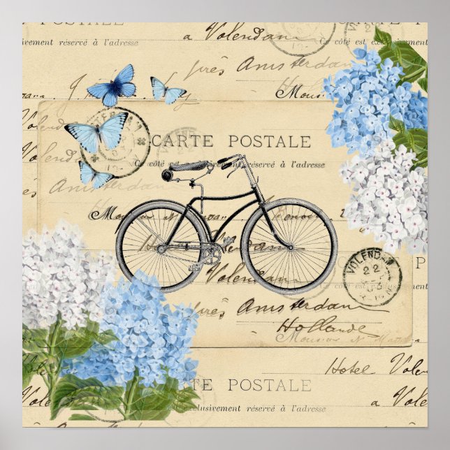 Vintage Bicycle Blue Hydrangeas Paris Art Poster (Frente)