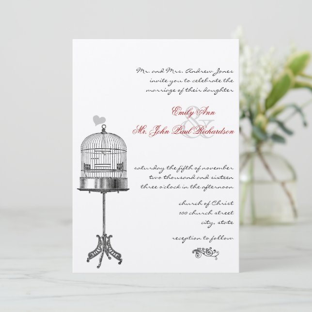 Vintage Bird Cage Red Acentua Convites de Casament (Em pé/Frente)