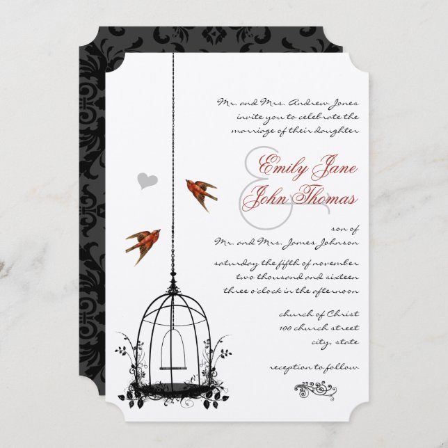 Vintage BirdCage Red Love Bird Convites para Casam (Frente/Verso)