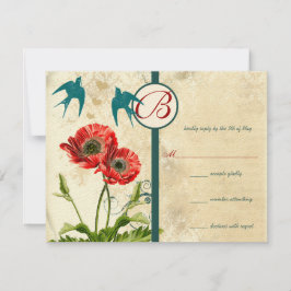 Vintage Birds Damask Poppy Casamento Convite