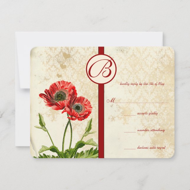 Vintage Birds Damask Poppy Wedding RSVP (Frente)