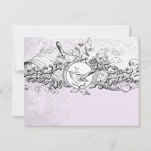 Vintage Birds Lavanda Musical Scroll Wedding RSVP (Frente)