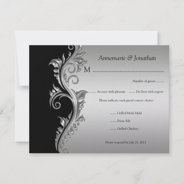 Vintage Black and Silver Floral RSVP (Frente)