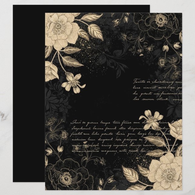 Vintage Black Beige Floral Script Scrapbook Paper (Frente/Verso)