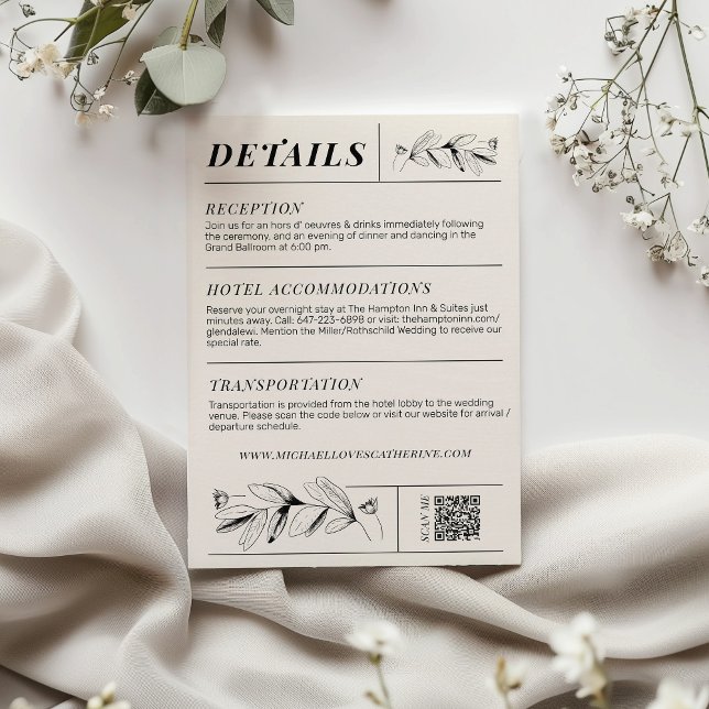 Vintage Black & Cream - Cartão de Detalhes do Casa (Vintage Black & Cream retro newspaper type botanical flowers wedding invitation details card QR code)