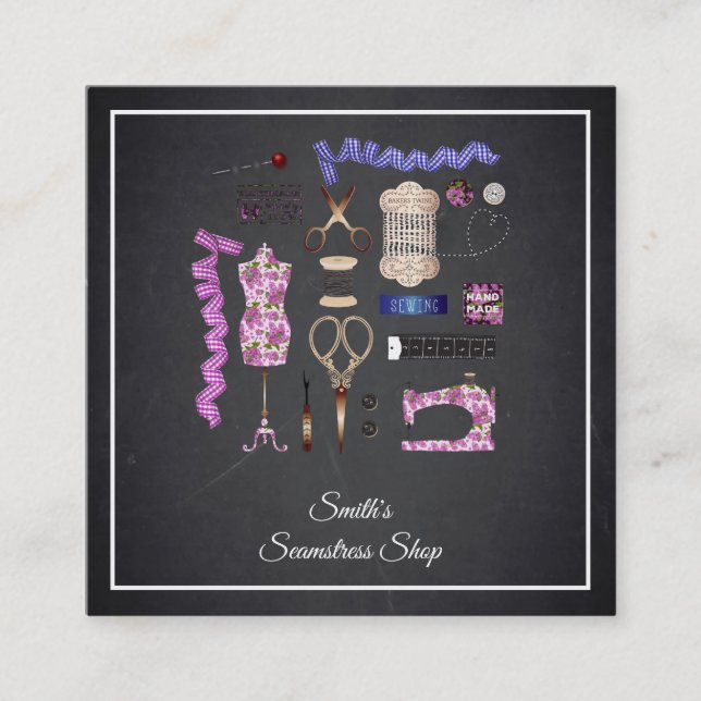 Vintage Blackboard Seamstress Square Cartão de vis (Frente)