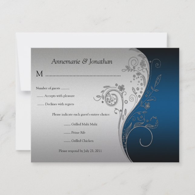 Vintage Blue Black and Silver Floral RSVP (Frente)