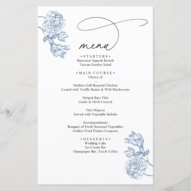 Vintage Blue Floral Modern Script Wedding Menu (Frente)