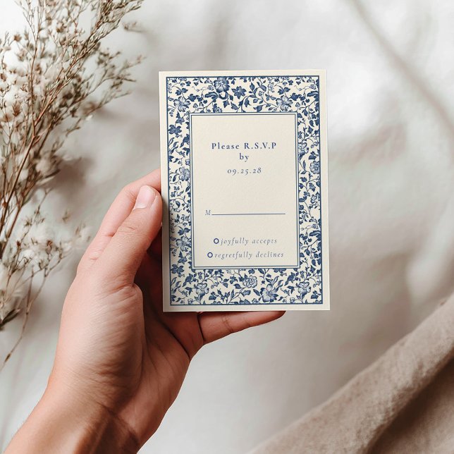 Vintage Blue Floral response rsvp (Vintage delftware RSVP invitation with pretty botanical blue and cream frame border.)