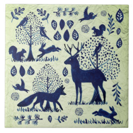 Vintage Blue & Green Woodland Animal Fox Rabbit