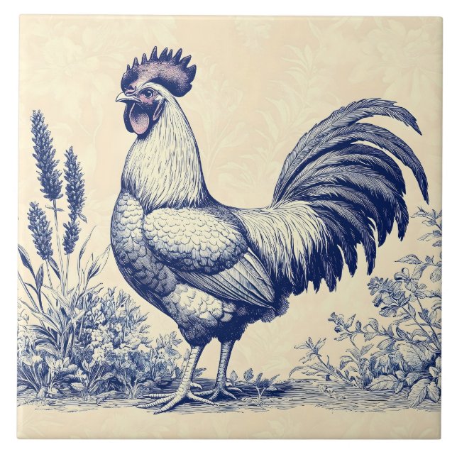 Vintage Blue Rooster em um Jardim Floral (Frente)
