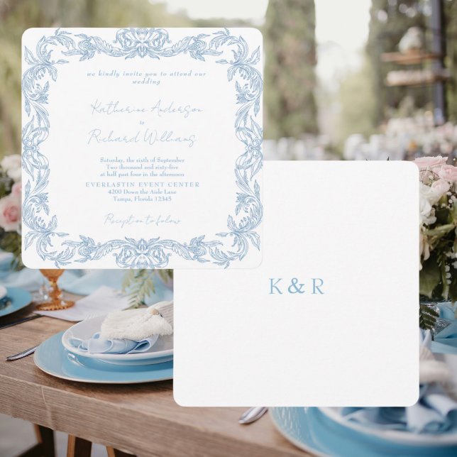 Vintage Blue Square Elegant Wedding  (Criador carregado)