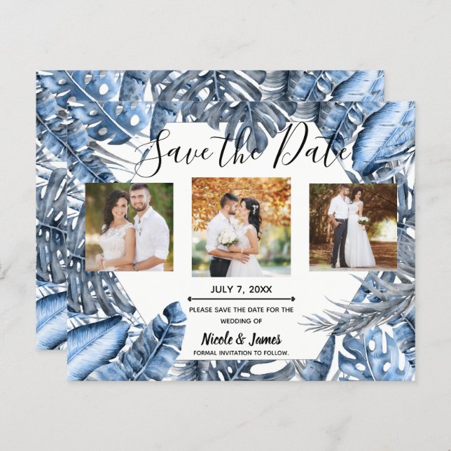 Vintage Blue Tropical Palms Casamento Salve a Data (Frente/Verso)