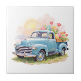 Vintage Blue Truck with Easter Eggs & Tulips