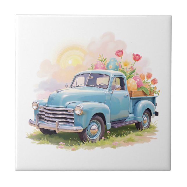 Vintage Blue Truck with Easter Eggs & Tulips (Frente)
