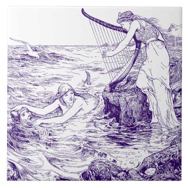 Vintage Blue & White Celtic Harp & Mermaid (Frente)