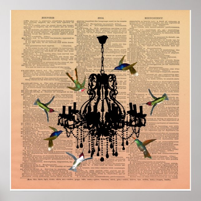 Vintage Book Page Hummingbird Chandelier Poster (Frente)