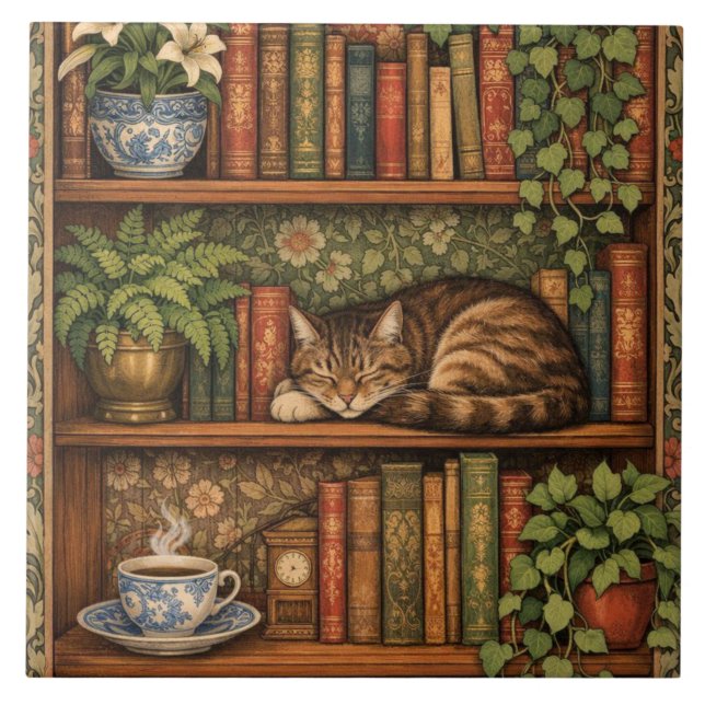 Vintage book shelf with cat and coffee (Frente)