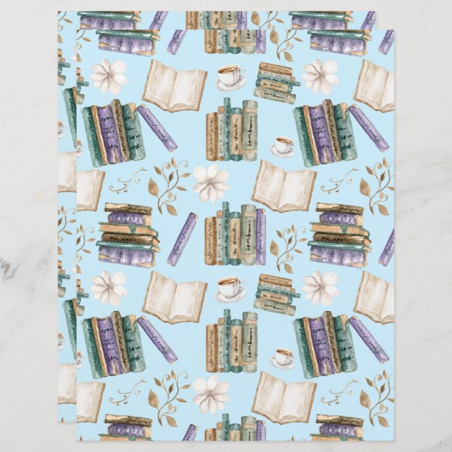 Vintage Books Scrapbook Paper in Blue (Frente/Verso)