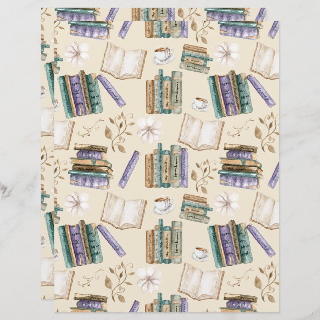 Vintage Books Scrapbook Paper in Cream (Frente/Verso)