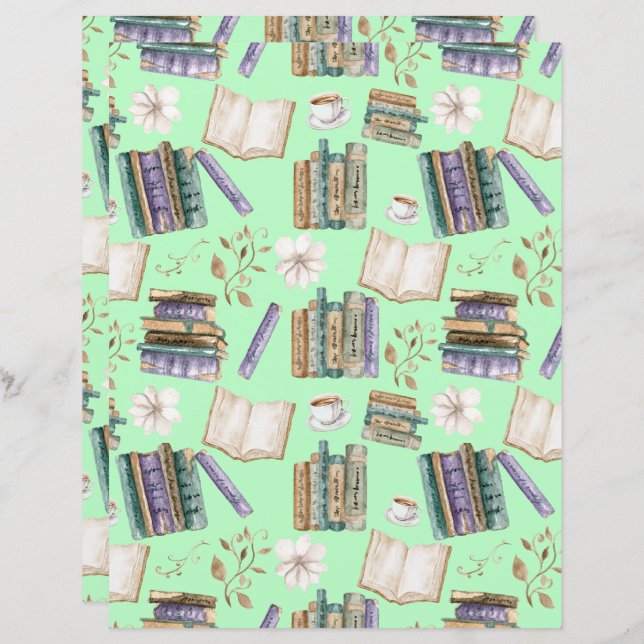 Vintage Books Scrapbook Paper in Green (Frente/Verso)