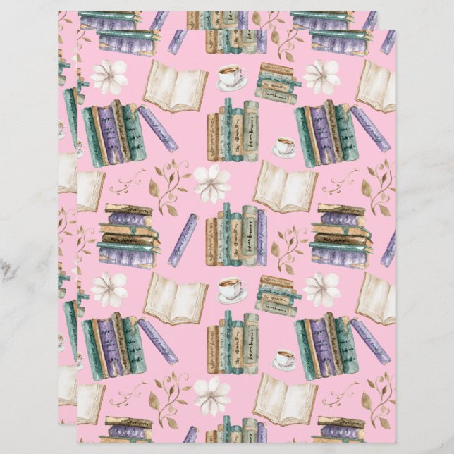 Vintage Books Scrapbook Paper in Pink (Frente/Verso)