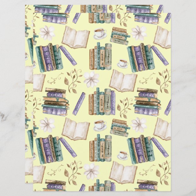 Vintage Books Scrapbook Paper in Yellow (Frente/Verso)