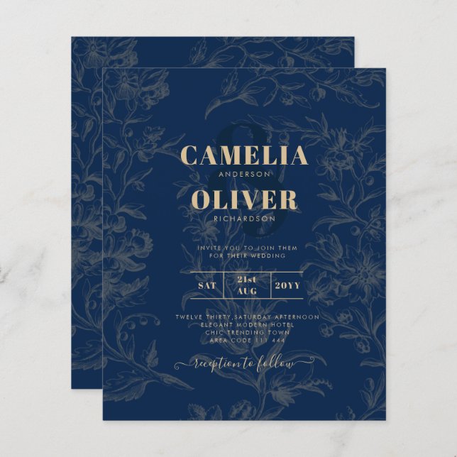 Vintage BOTANICAL Marinho Blue Dourado Casamento (Frente/Verso)