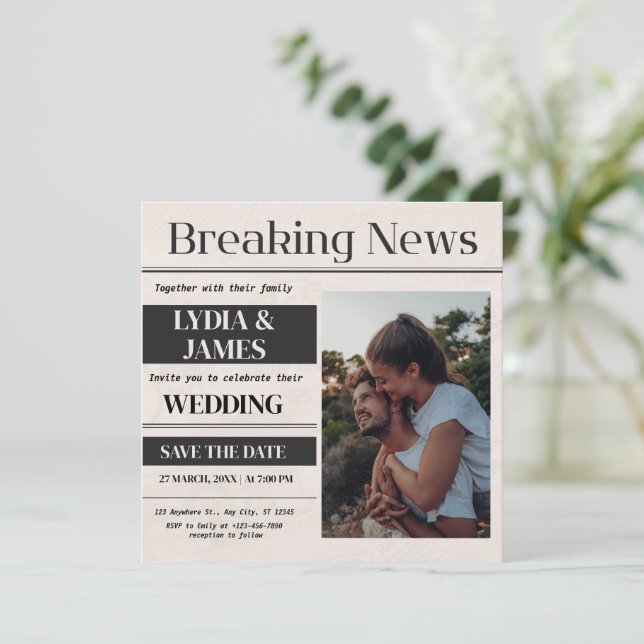 Vintage Breaking News Convite para Casamento Fotog (Em pé/Frente)