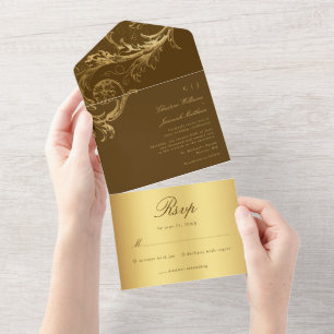 Vintage Brown Dourado Damask Calliografia Casament