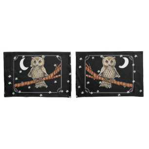 Vintage Brown Owl Necklace Crescent Moon Stars