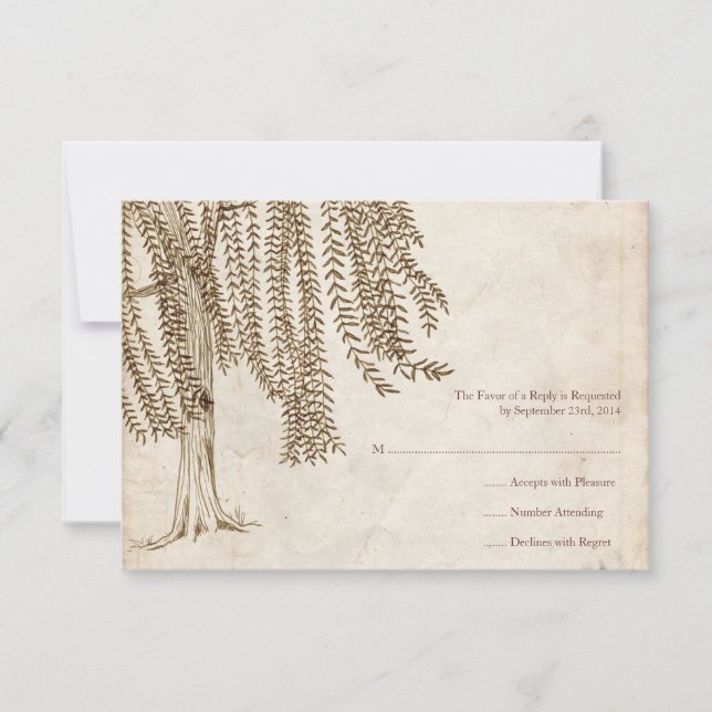 Vintage Brown Willow Tree Wedding RSVP (Frente)