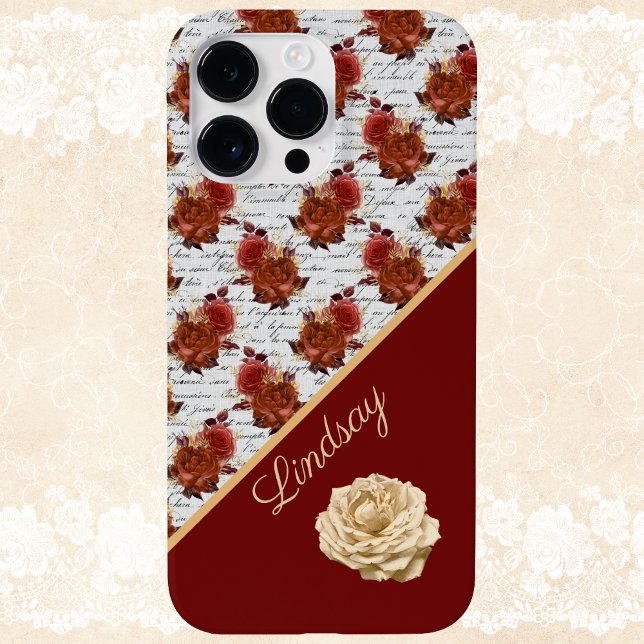 Vintage Burgundy e White Rose Pattern com Nome (Criador carregado)