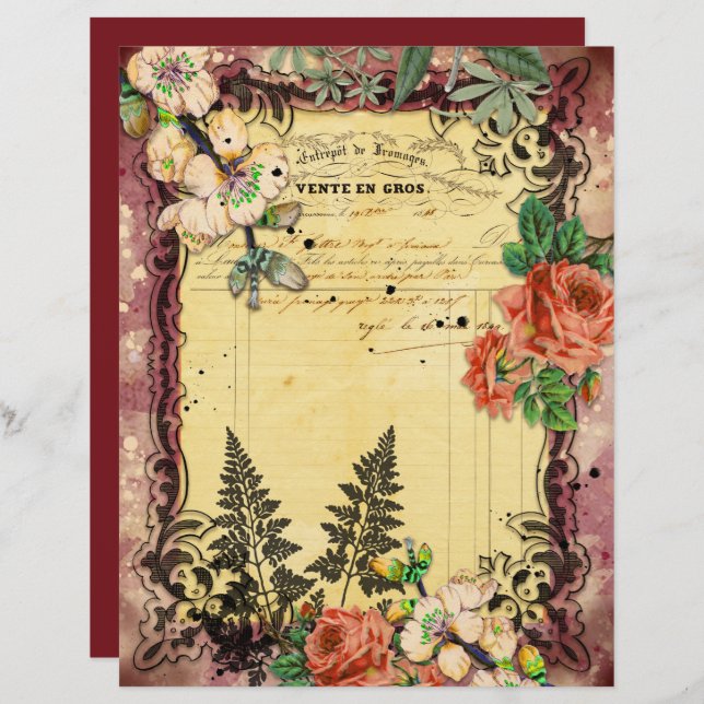 Vintage Burgundy Ephemera Frames Scrapbook Paper (Frente/Verso)